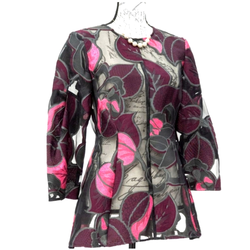 Floral Sheer Blouse with Pink and Purple Embroidery